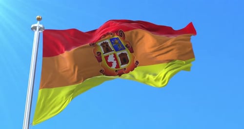 Realistic Waving Flag with Detailed Emblem Against Blue Sky