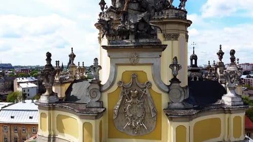 Aerial drone view of a flying over the Catholic Cathedral