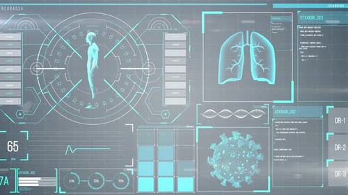 Animation du corps humain analysée sur écran, pouls et battements cardiaques analysés, informations médicales