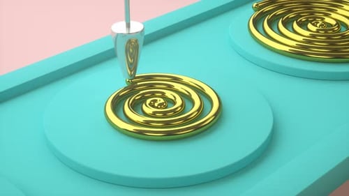 Machine creating golden spiral on conveyor, Funny abstract motion graphics in trendy colors