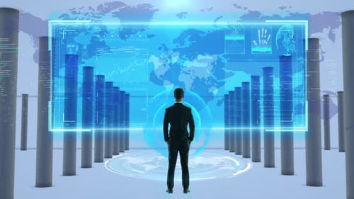 Businessman Views Futuristic Holographic Global Business Data