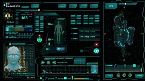 Futuristic Bio Diagnostic HUD Interface with Medical Data and Animated Organs