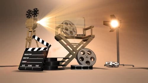 Cinematic Film Production Gear with Camera and Clapperboard Animation