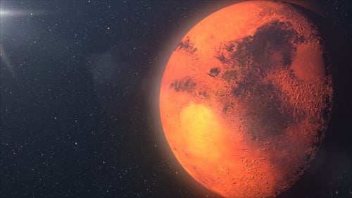 Spaceship Flying Past Mars in Deep Space