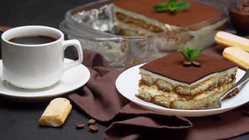 Tiramisu Dessert with Coffee on Dark Background