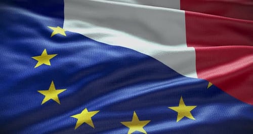 European Union and France Flags Waving Together Seamlessly