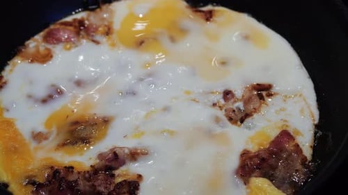 Egg and Meat Frying in a Pan