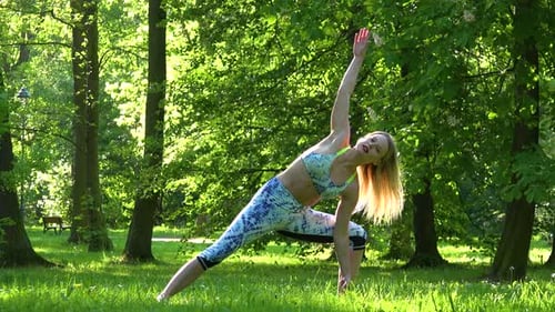 Eine fitte schöne Frau macht Yoga in einem Park an einem sonnigen Tag