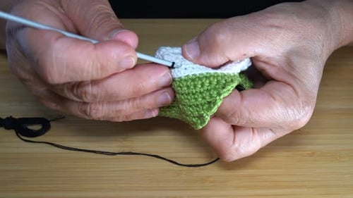 Hands Working on Crocheted Craft Project
