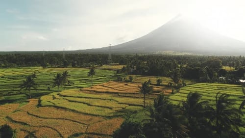 Aerial View Green Fields and Active Volcano