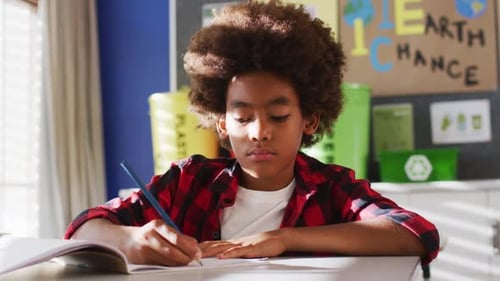 Boy Writes at Desk and Smiles in Classroom