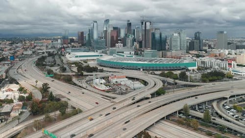 Busy Highway Overhead Drone View. Scenic Downtown Los Angeles Aerial View.