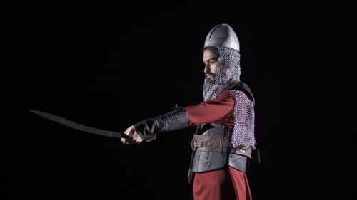 Knight Warrior Unsheathing Sword in Dark Studio