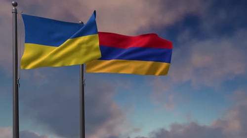 Armenia Flag Waving Along With The National Flag Of The Ukraine - 2K