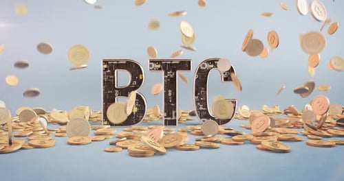 Animated 3D Bitcoin Crypto Coins Falling with BTC Text