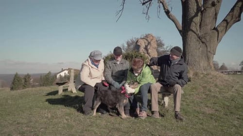 Seniors With Dog Sitting on Bench Outdoors