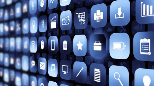 Aplicativos Móveis Ícone Dados Tecnologia Digital Telefone Inteligente Fundo Mídia