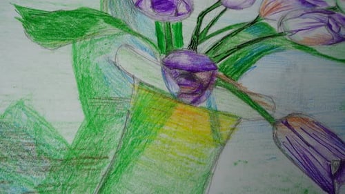 Crayon Drawing of Tulips in a Green Vase