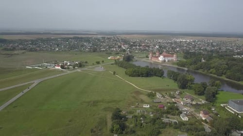 Shot From Above the Village of Mir and Mir Castle in Belarus in Slow Motion. Ancient Pride and Sight