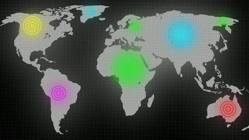 World Map Global Network Connection with Expanding Neon Circles