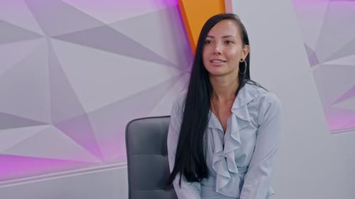 the Girl TV Presenter is Broadcasting Live in the Studio Communicating with the Girl As a Guest