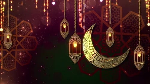 Ramadan Eid Mubarak Golden Lanterns and Crescent Moon Background