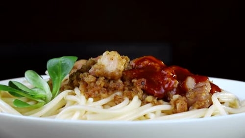 Delicious Spaghetti with Meat and Red Sauce Close Up