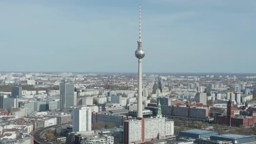 AERIAL: Wide View of Empty Berlin, Germany Alexanderplatz TV Tower with Almost No People or Cars on