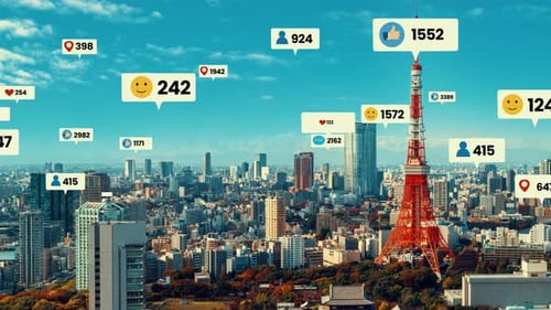 Social Media Icons Fly Over City Downtown Showing People Engagement Connection