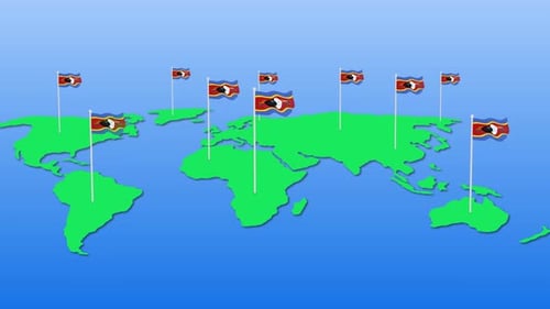 Waving Eswatini Flags on World Map Global Representation