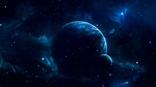 Deep Space Blue Planet with Cosmic Nebula Background