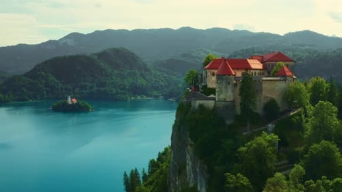 Medieval Castle Built Above Precipice Overlooking Bled Lake