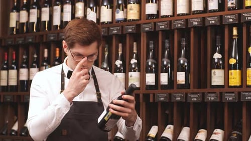 Professional Male Cavist Examines the Bottles with Wine in Wine Shop