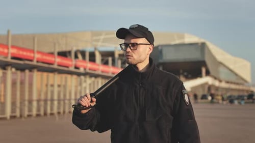 Security Guard Patrols Stadium with Nightstick in Daytime