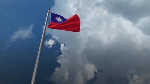 Taiwan National Flag Waving with Dynamic Clouds Background