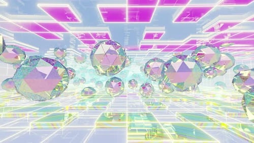 Holographic Geometric Orbs Floating in Abstract Futuristic Grid