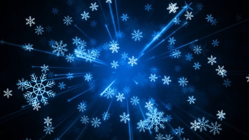 Animated Falling Snowflakes with Blue Light Beams Background