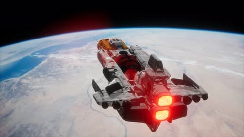 Futuristic Spaceship Flying Above Earth in Space