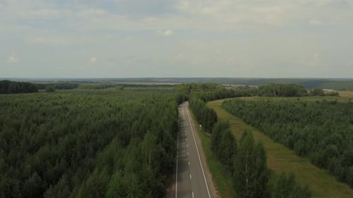 Route goudronnée entre forêts et champs ruraux