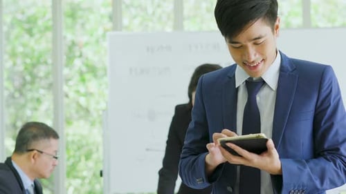 business partner discussing businessman officer conversation with laptop and paper document