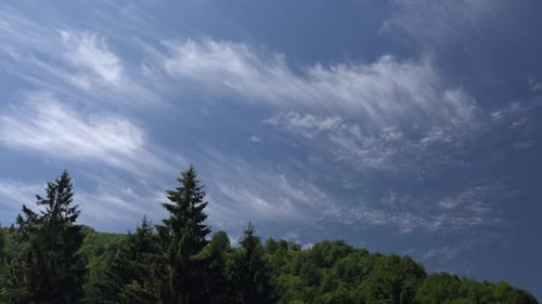 Partly Cirrus Cloud on Forested Mountain Ridge in Blue Sky