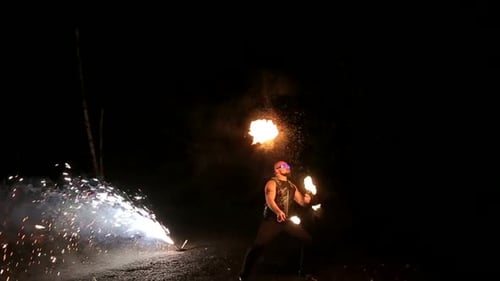 Fire Show Dancing with Flame Male Master Fakir with Fire Works Performance Outdoors