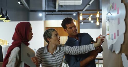 Executives discussing over sticky note on wall
