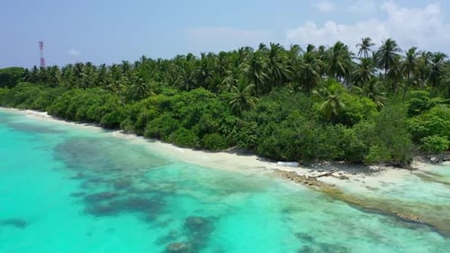 Aerial top down abstract of tropical shore beach vacation by blue lagoon and white sand background o