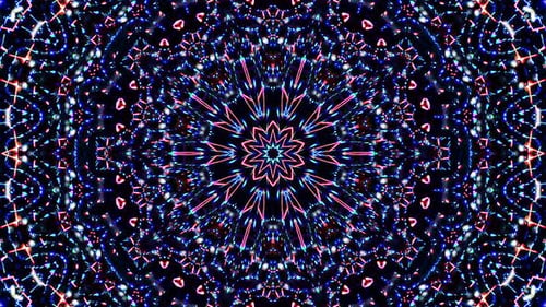 glowing lights that set the movement of the full color of the flower shape on a black background
