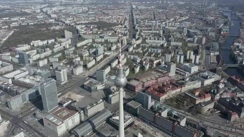 CIRCA MARCH 2020: AERIAL: Wide View of Empty Berlin, Germany Alexanderplatz TV Tower with Almost No