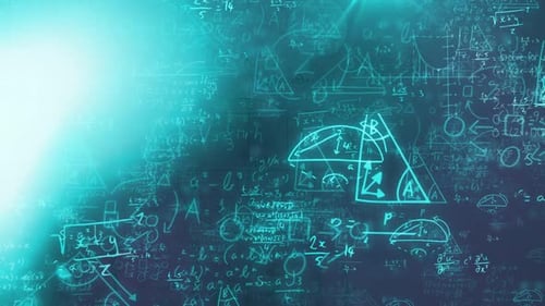 Animation of mathematical formulae moving with multiple blue lights on black background