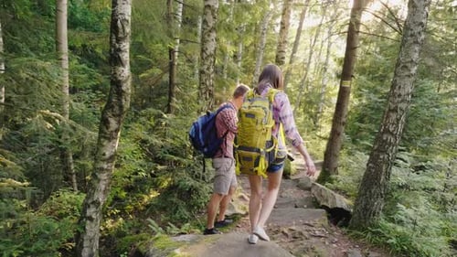 Young Couple with Backpacks Walk Along a Trail in the Forest