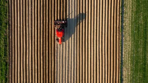 Aerial View of Tractor Performs Seeding on the Field