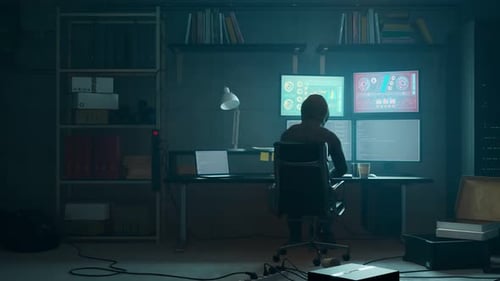 Hacker Coding on Multiple Futuristic Screens